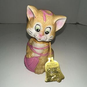 Vintage 80s Jasco Critter Bells Cat yarn Bisque Porcelain Bell Kitten Taiwan